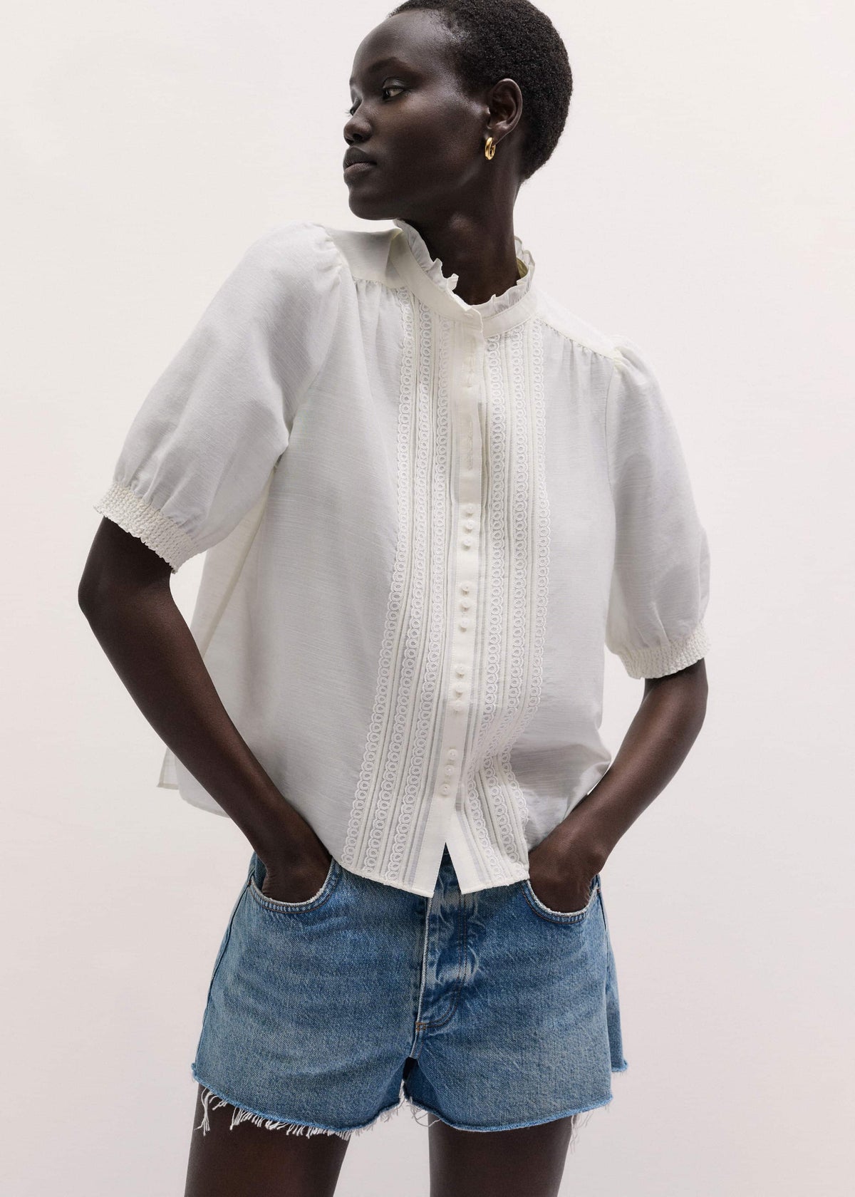 ME+EM Clothing White Silk + Cotton Pintuck Detail Straight Blouse