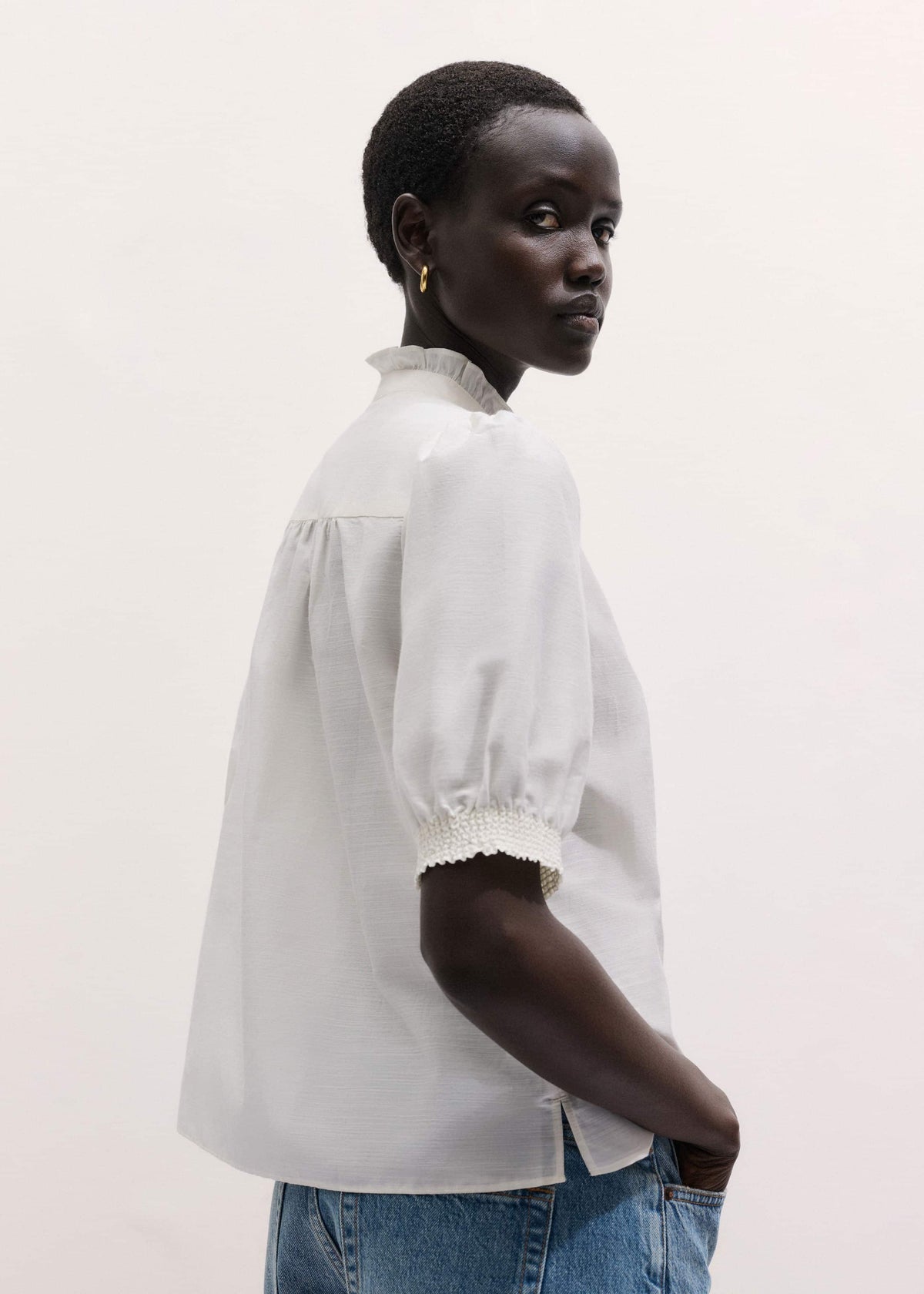 ME+EM Clothing White Silk + Cotton Pintuck Detail Straight Blouse