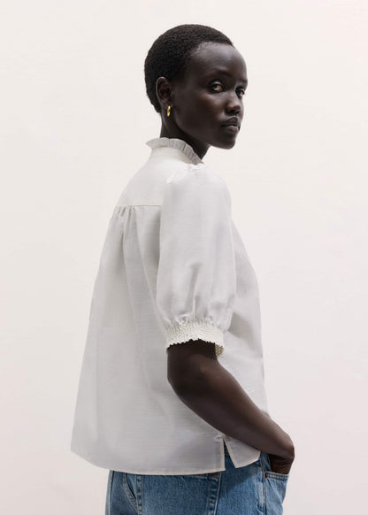 ME+EM Clothing White Silk + Cotton Pintuck Detail Straight Blouse