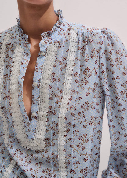 ME+EM Clothing Blue Scallop Daisy Print Trim Detail Blouse + Tie