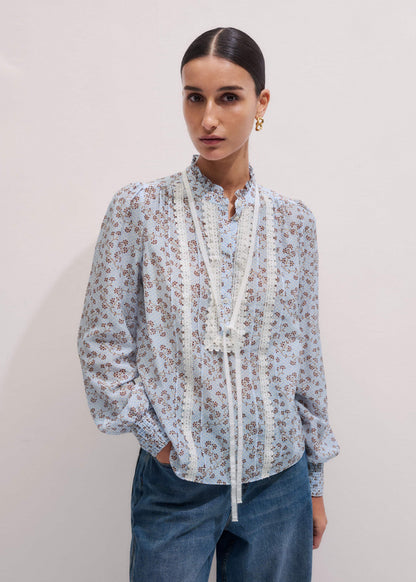 ME+EM Clothing Blue Scallop Daisy Print Trim Detail Blouse + Tie