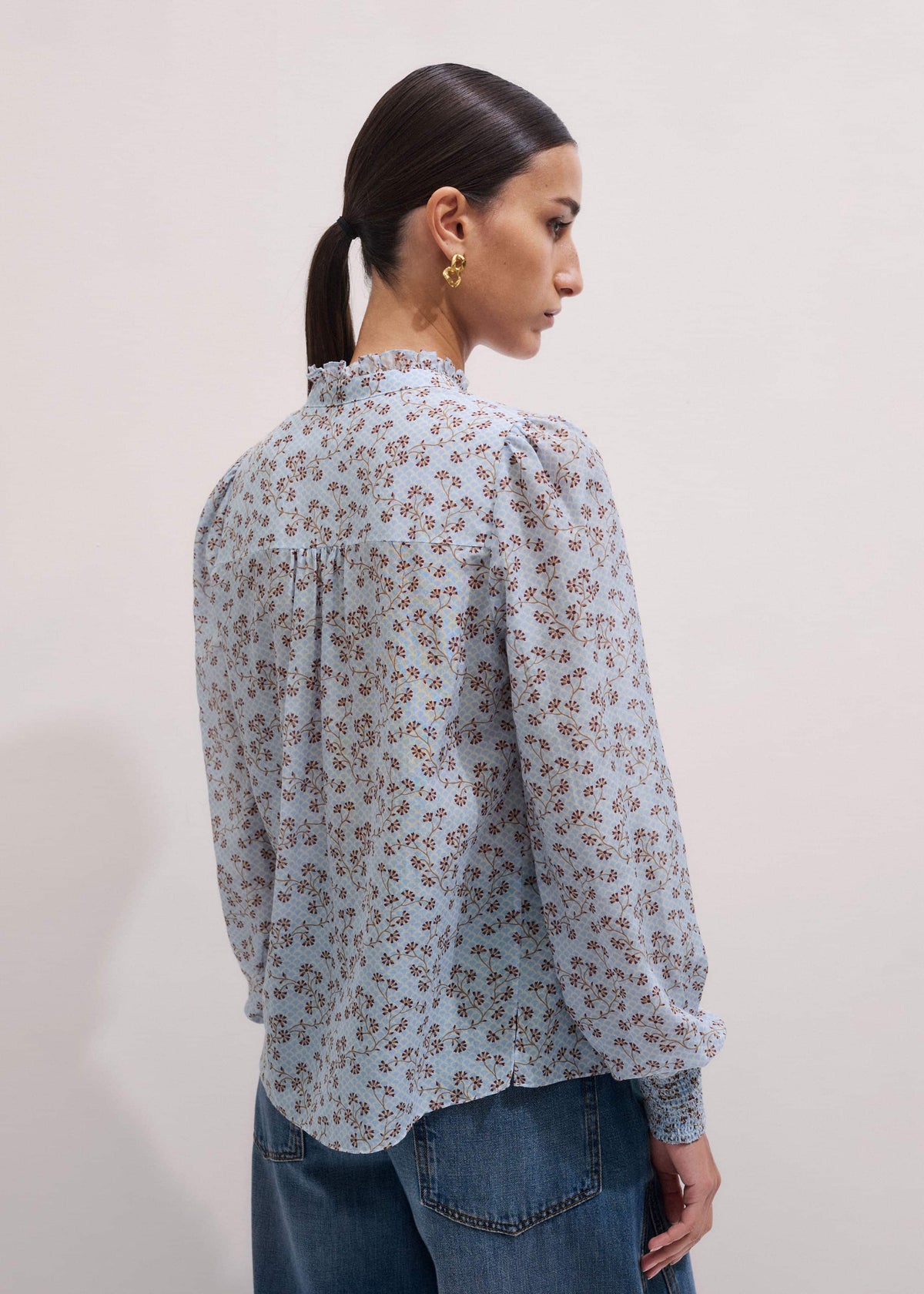 ME+EM Clothing Blue Scallop Daisy Print Trim Detail Blouse + Tie