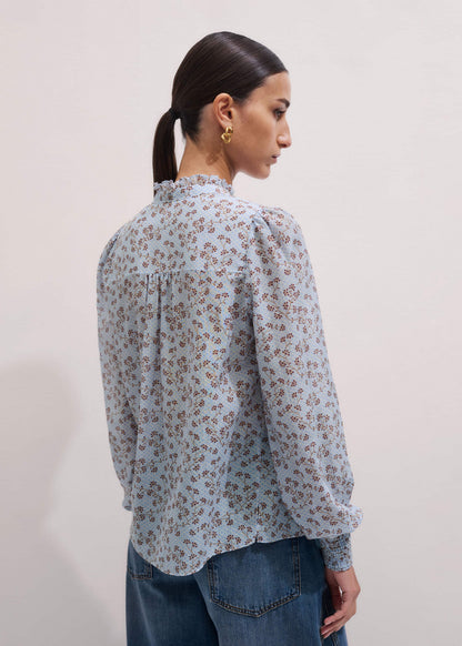 ME+EM Clothing Blue Scallop Daisy Print Trim Detail Blouse + Tie