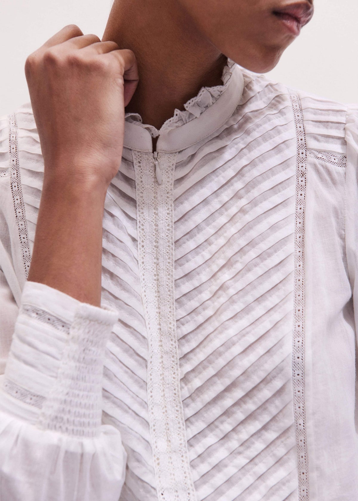 ME+EM Clothing White Delicate Pintucked High-Neck Top