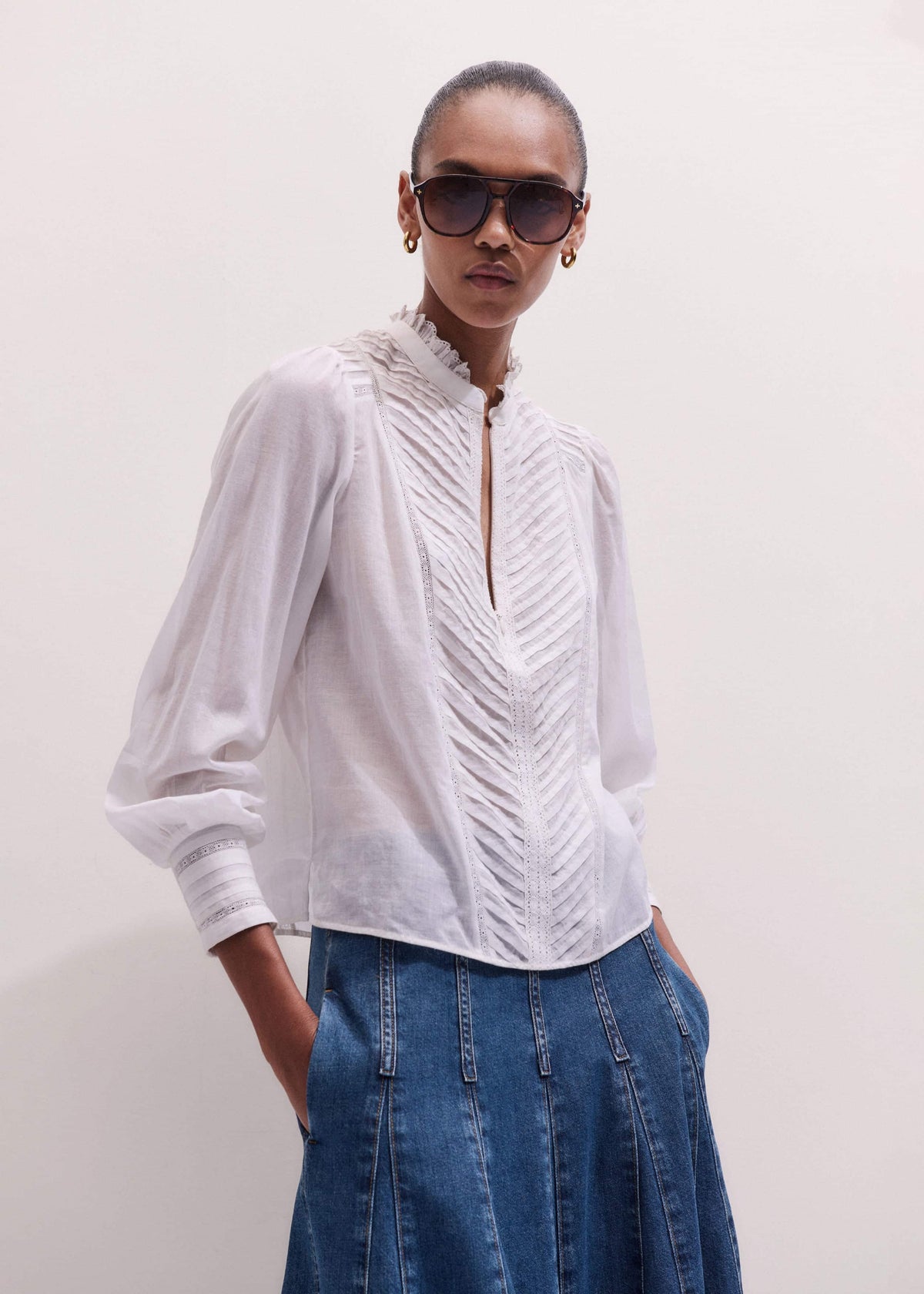 ME+EM Clothing White Delicate Pintucked High-Neck Top
