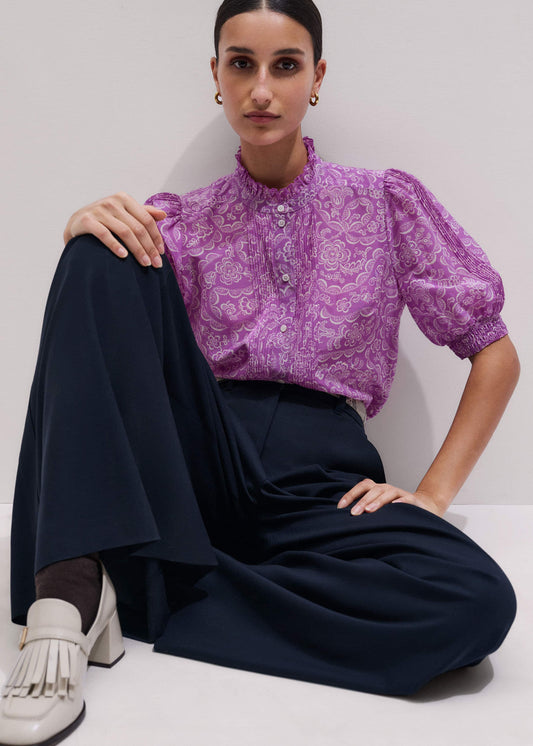 ME+EM Clothing Purple Silk Cotton Entangled Lace Print Straight Blouse