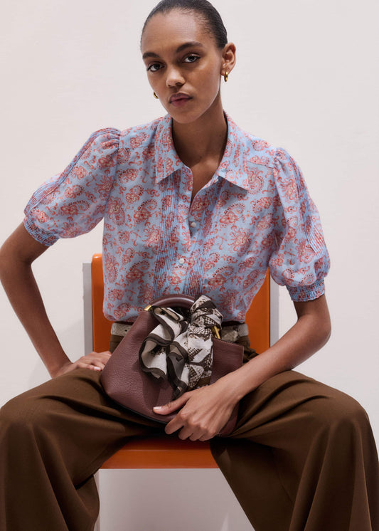 ME+EM Clothing Blue Silk Cotton Gilded Paisley Print Straight Blouse