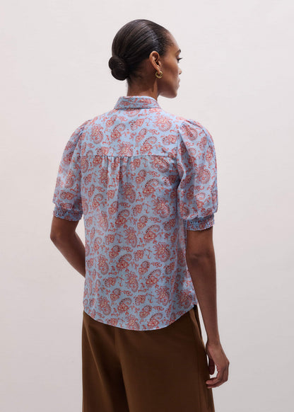 ME+EM Clothing Blue Silk Cotton Gilded Paisley Print Straight Blouse