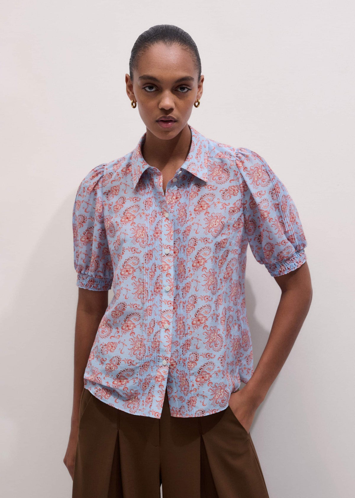 ME+EM Clothing Blue Silk Cotton Gilded Paisley Print Straight Blouse