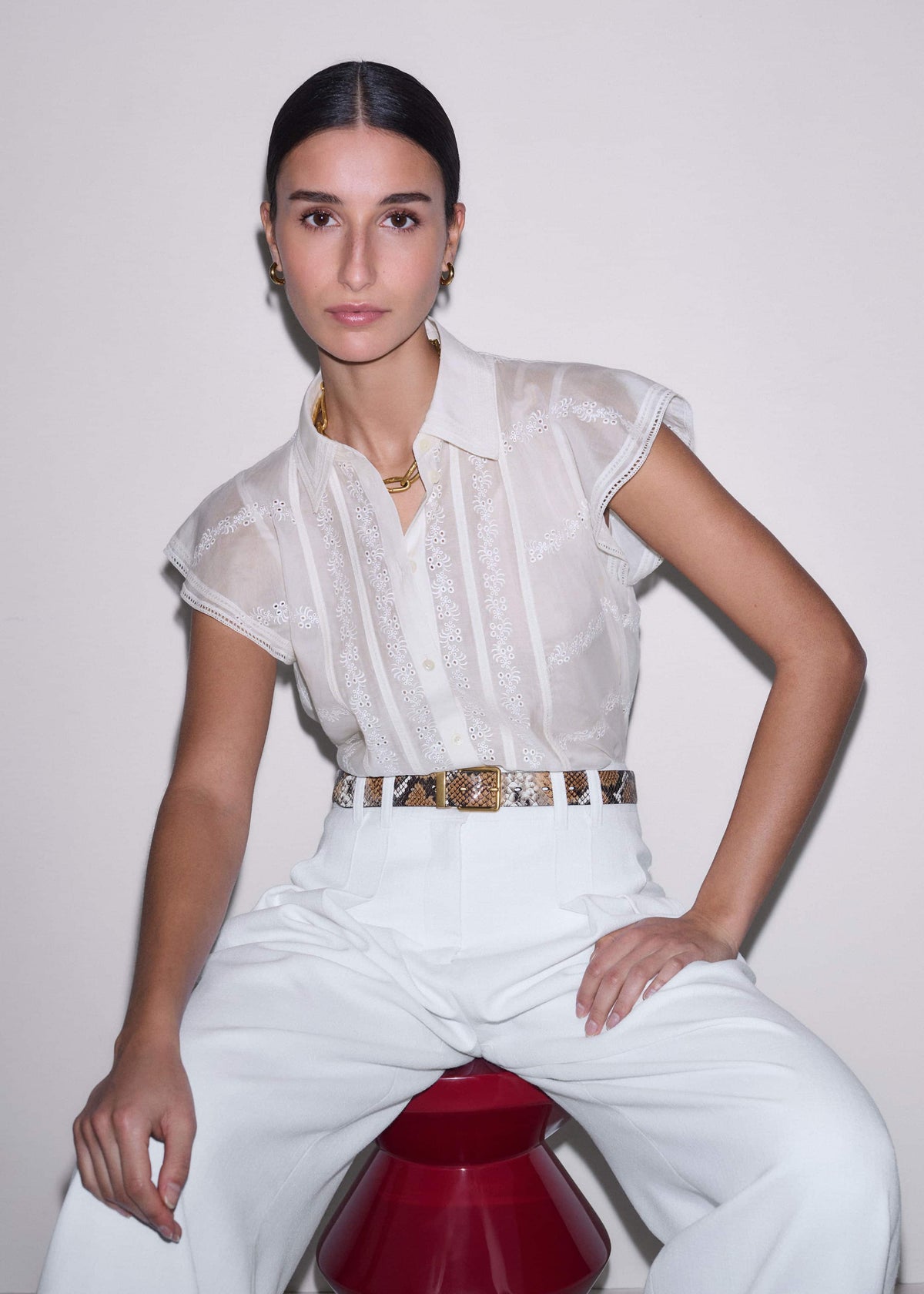 ME+EM Clothing Cream Silk Cotton Embroidery Collar Swing Blouse