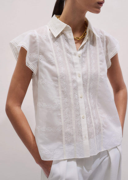 ME+EM Clothing Cream Silk Cotton Embroidery Collar Swing Blouse