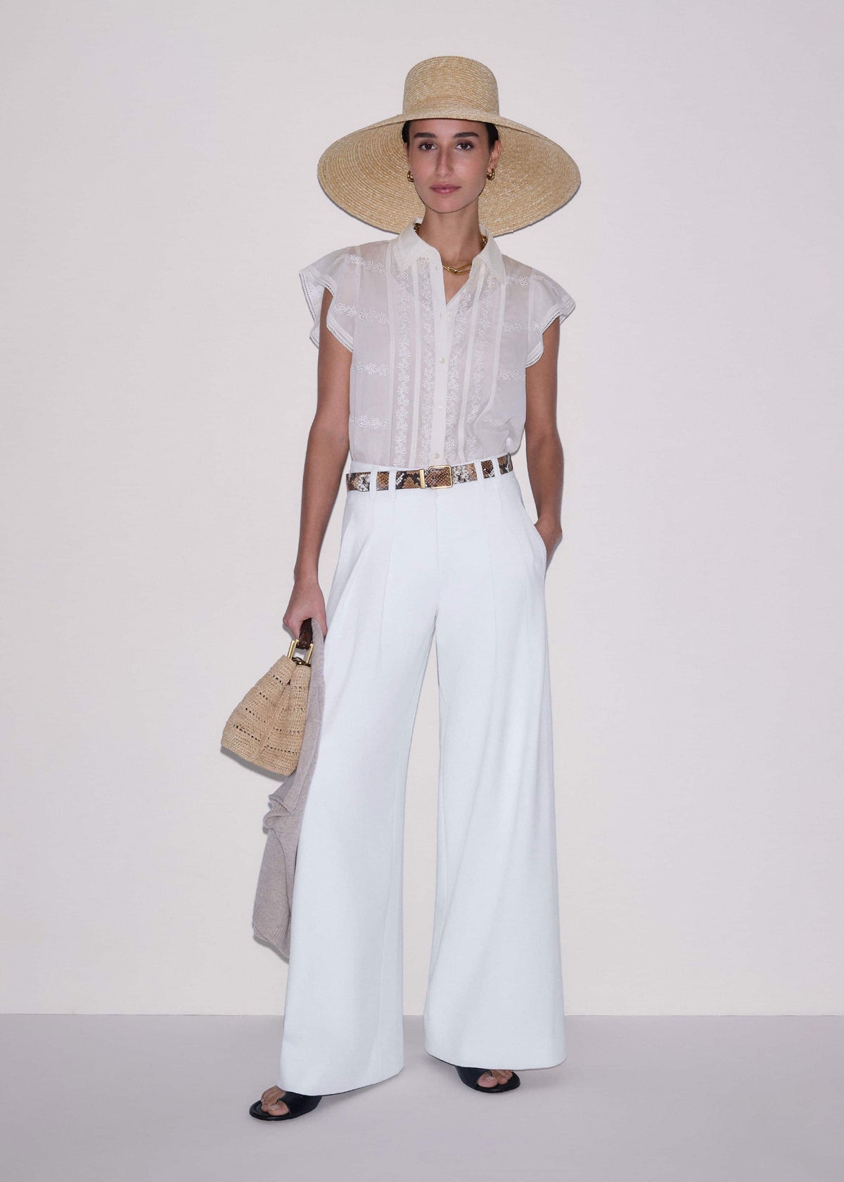 ME+EM Clothing Cream Silk Cotton Embroidery Collar Swing Blouse