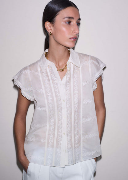 ME+EM Clothing Cream Silk Cotton Embroidery Collar Swing Blouse