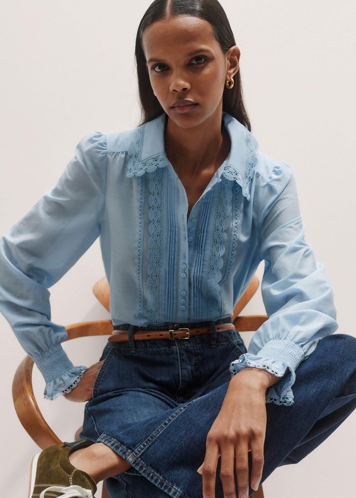 ME+EM Clothing Blue Silk Cotton Lace Trim Straight Blouse