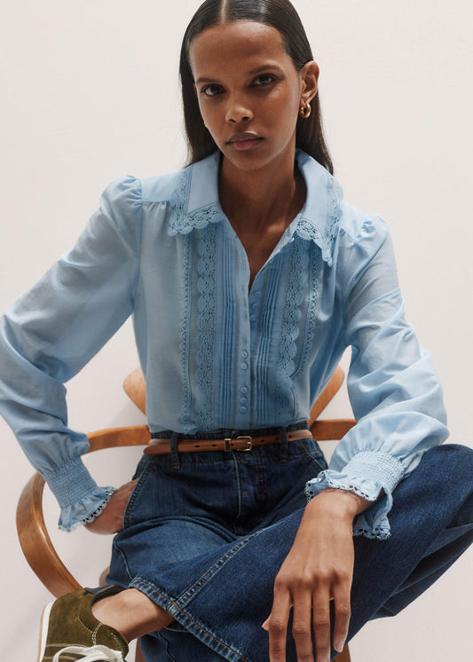 ME+EM Clothing Blue Silk Cotton Lace Trim Straight Blouse