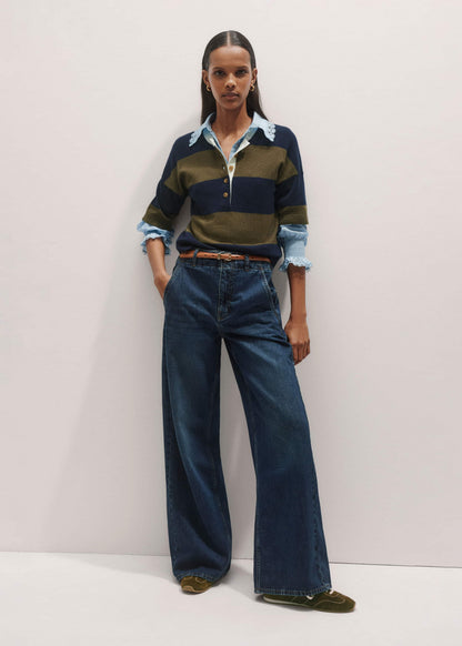 ME+EM Clothing Blue Silk Cotton Lace Trim Straight Blouse