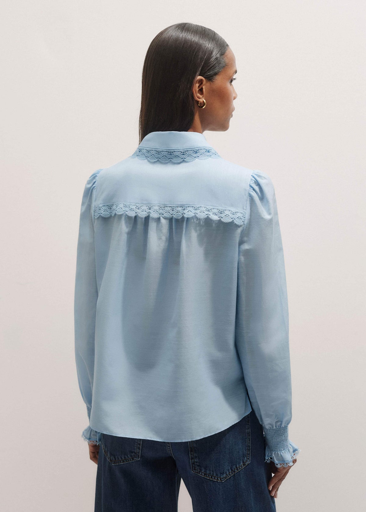 ME+EM Clothing Blue Silk Cotton Lace Trim Straight Blouse