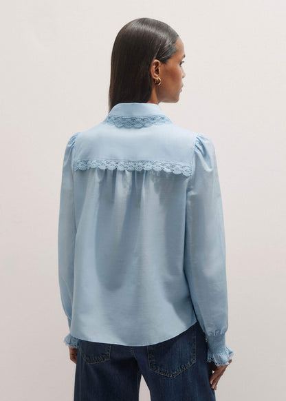 ME+EM Clothing Blue Silk Cotton Lace Trim Straight Blouse