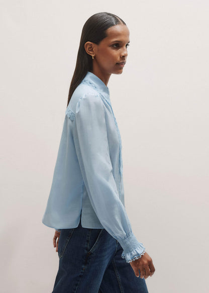 ME+EM Clothing Blue Silk Cotton Lace Trim Straight Blouse