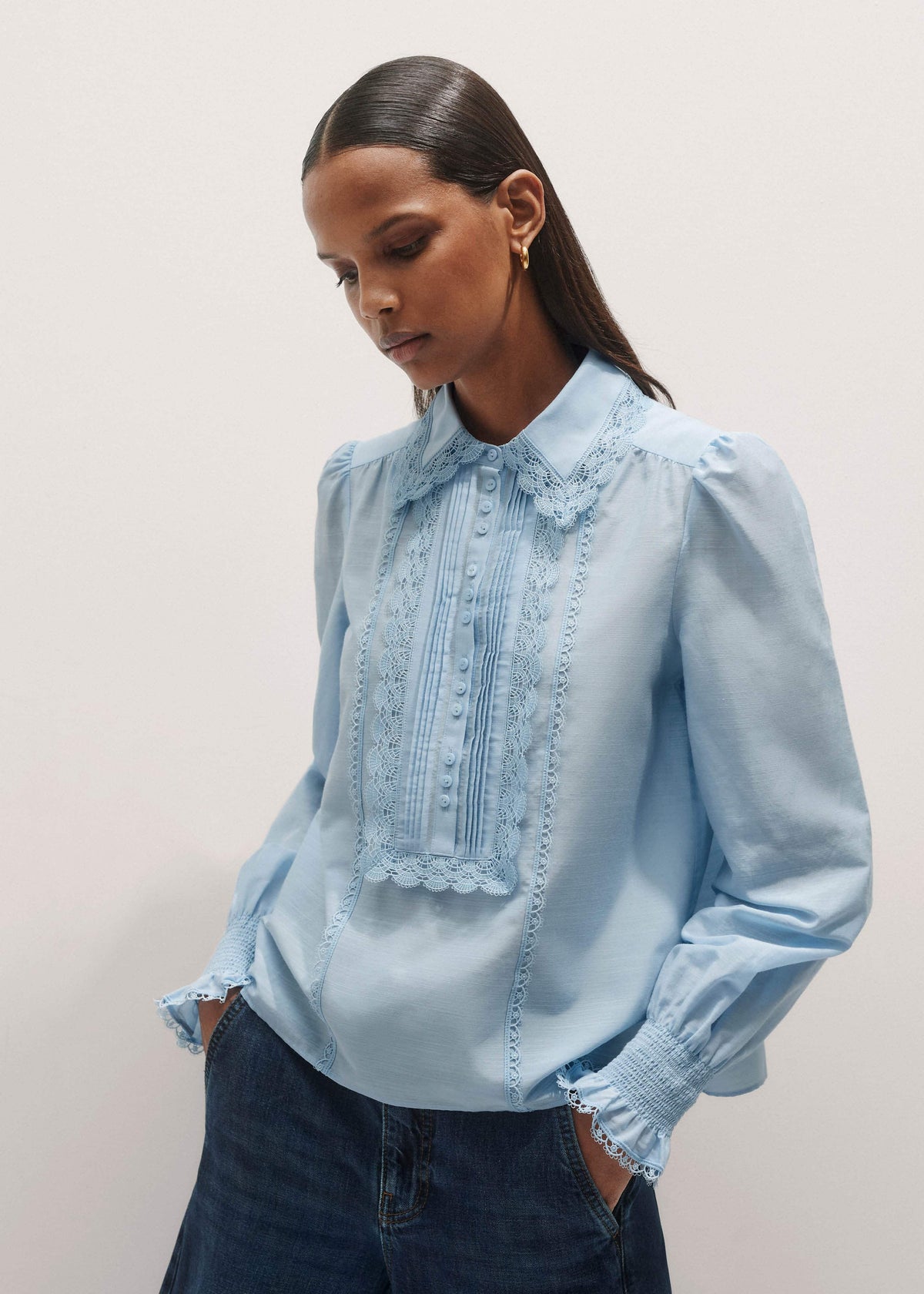 ME+EM Clothing Blue Silk Cotton Lace Trim Straight Blouse