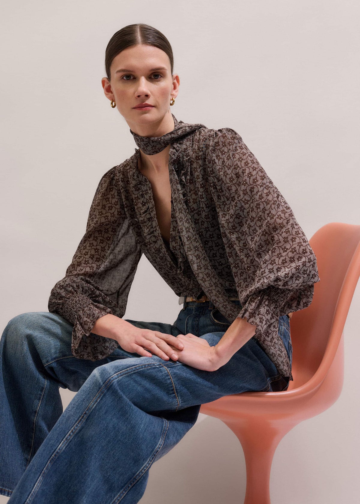 ME+EM Clothing Brown Silk Lace Print Straight In-The-Details Blouse