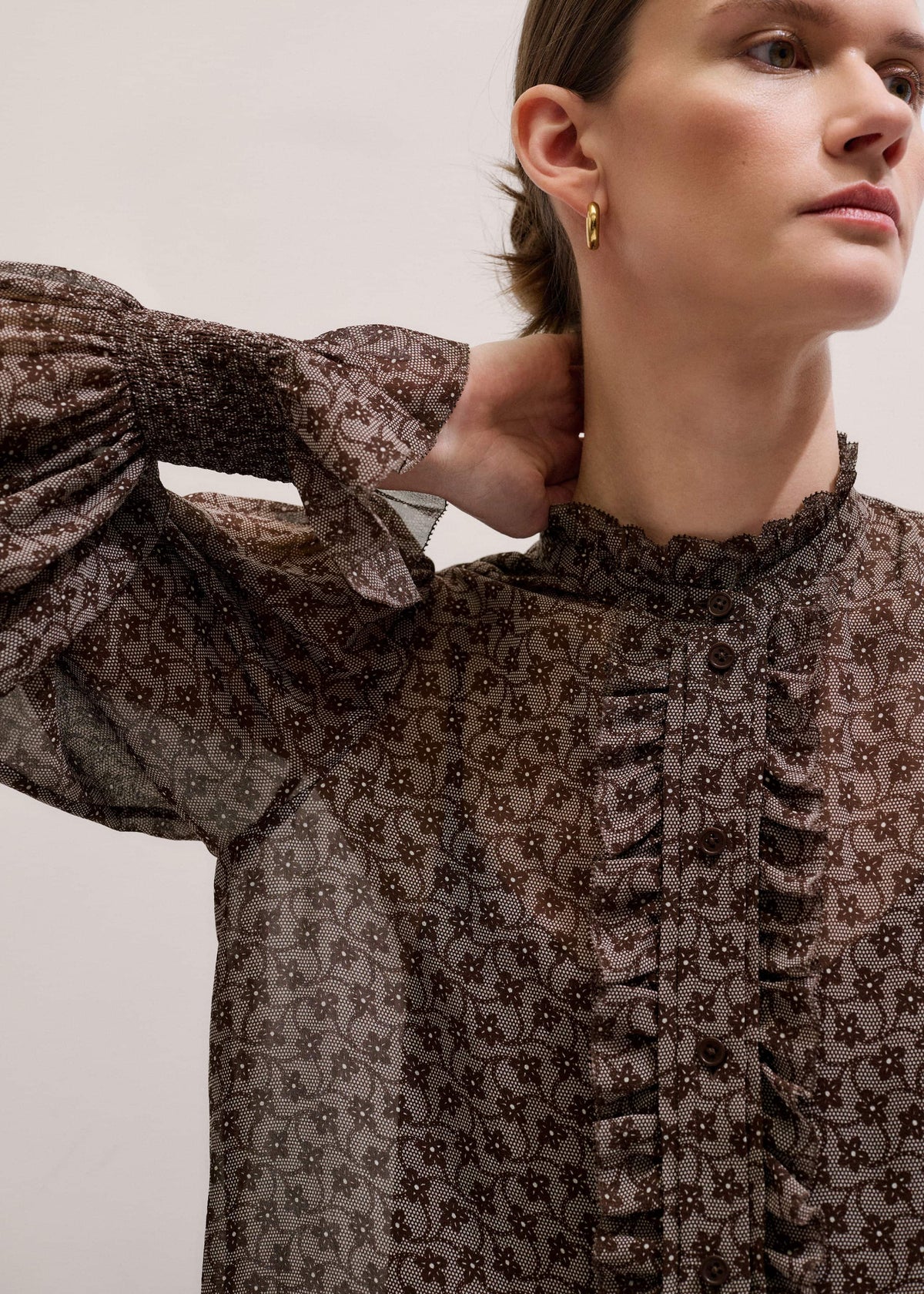 ME+EM Clothing Brown Silk Lace Print Straight In-The-Details Blouse