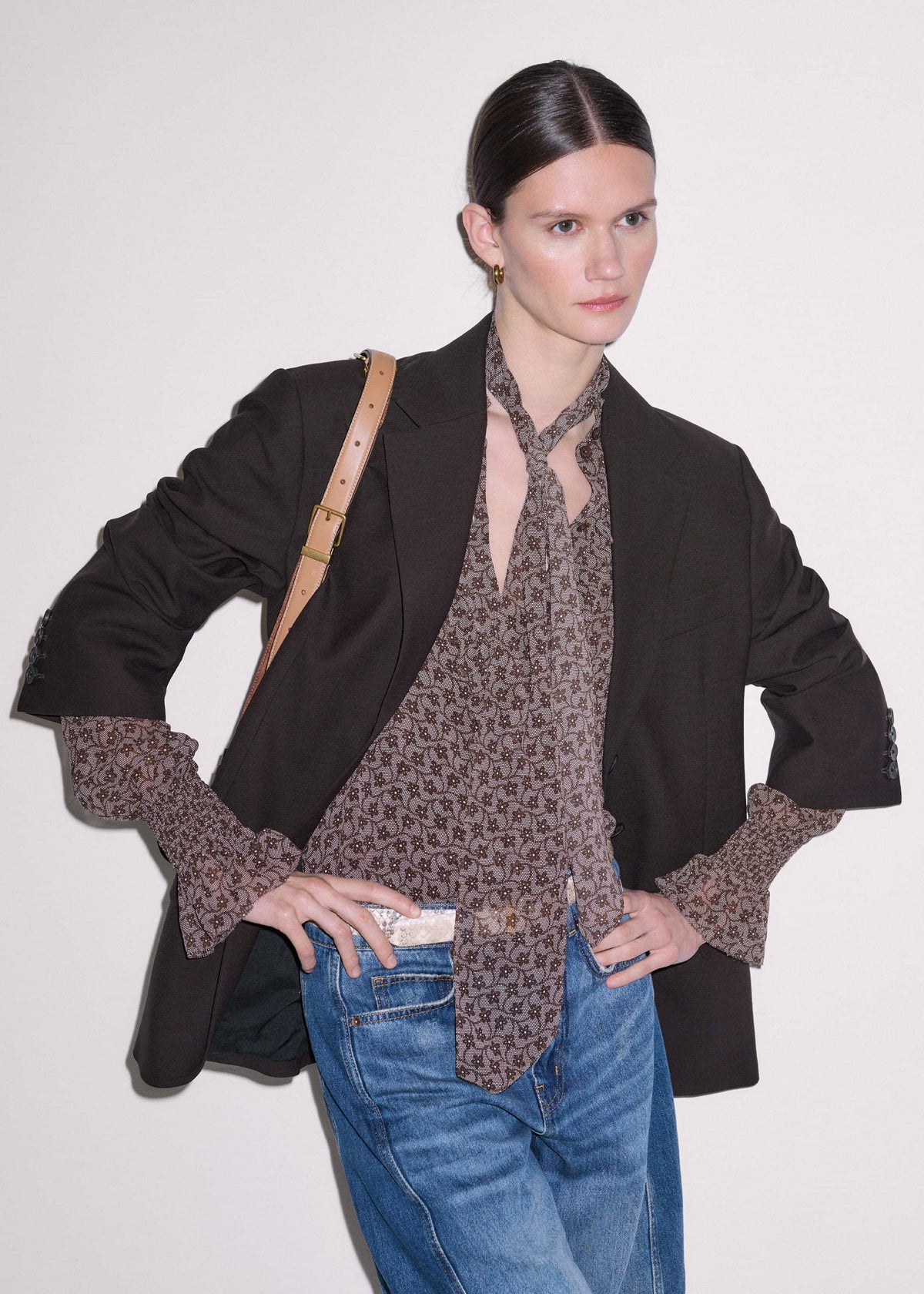 ME+EM Clothing Brown Silk Lace Print Straight In-The-Details Blouse