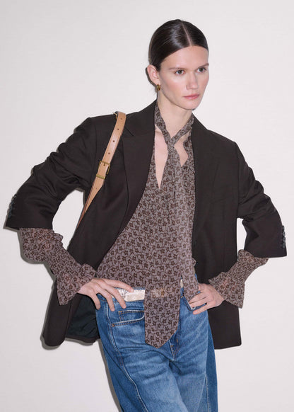 ME+EM Clothing Brown Silk Lace Print Straight In-The-Details Blouse