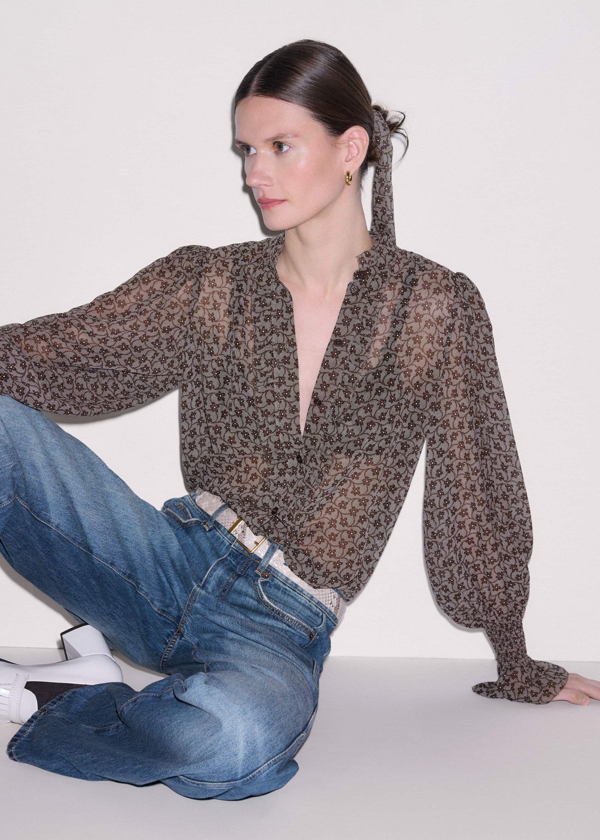 ME+EM Clothing Brown Silk Lace Print Straight In-The-Details Blouse