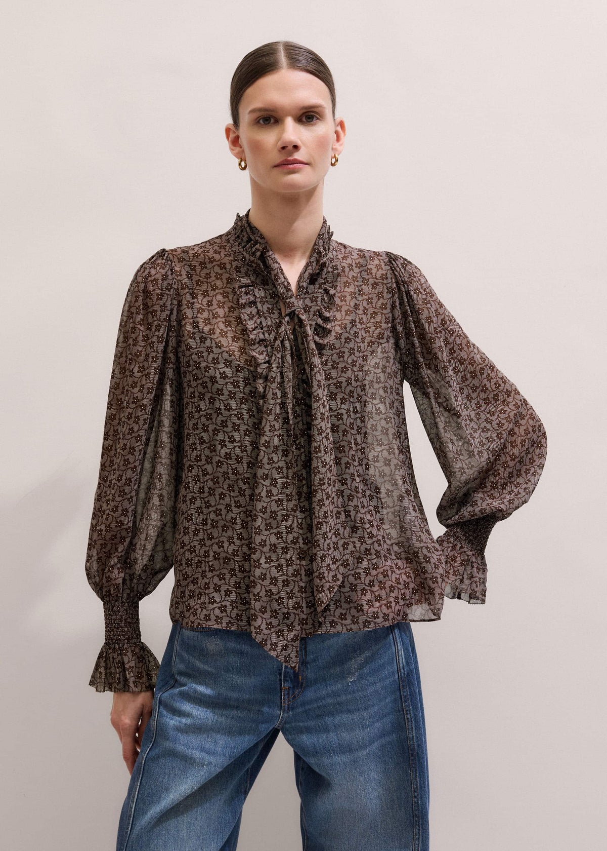 ME+EM Clothing Brown Silk Lace Print Straight In-The-Details Blouse