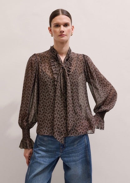 ME+EM Clothing Brown Silk Lace Print Straight In-The-Details Blouse