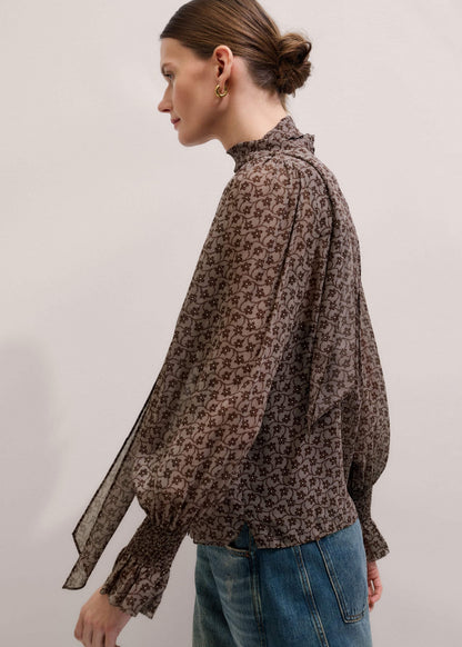 ME+EM Clothing Brown Silk Lace Print Straight In-The-Details Blouse