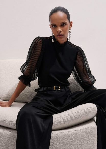 ME+EM Clothing Black Lace Insert Tulle Layering Blouse