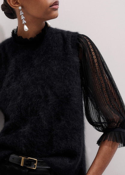 ME+EM Clothing Black Lace Insert Tulle Layering Blouse