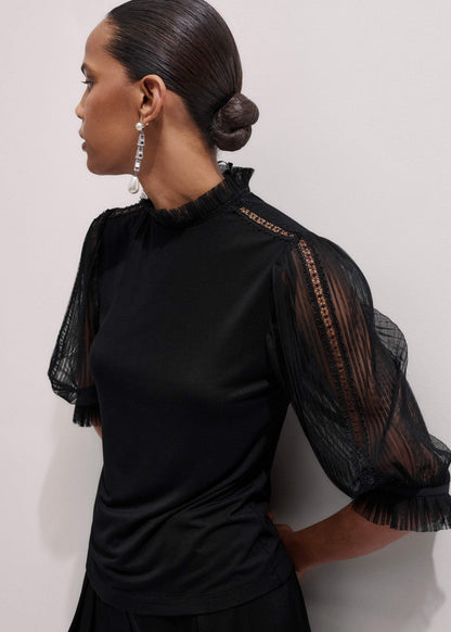ME+EM Clothing Black Lace Insert Tulle Layering Blouse