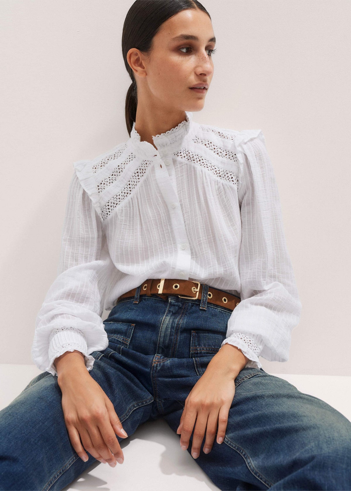 ME+EM Clothing White Cotton + Lace Trim Blouse