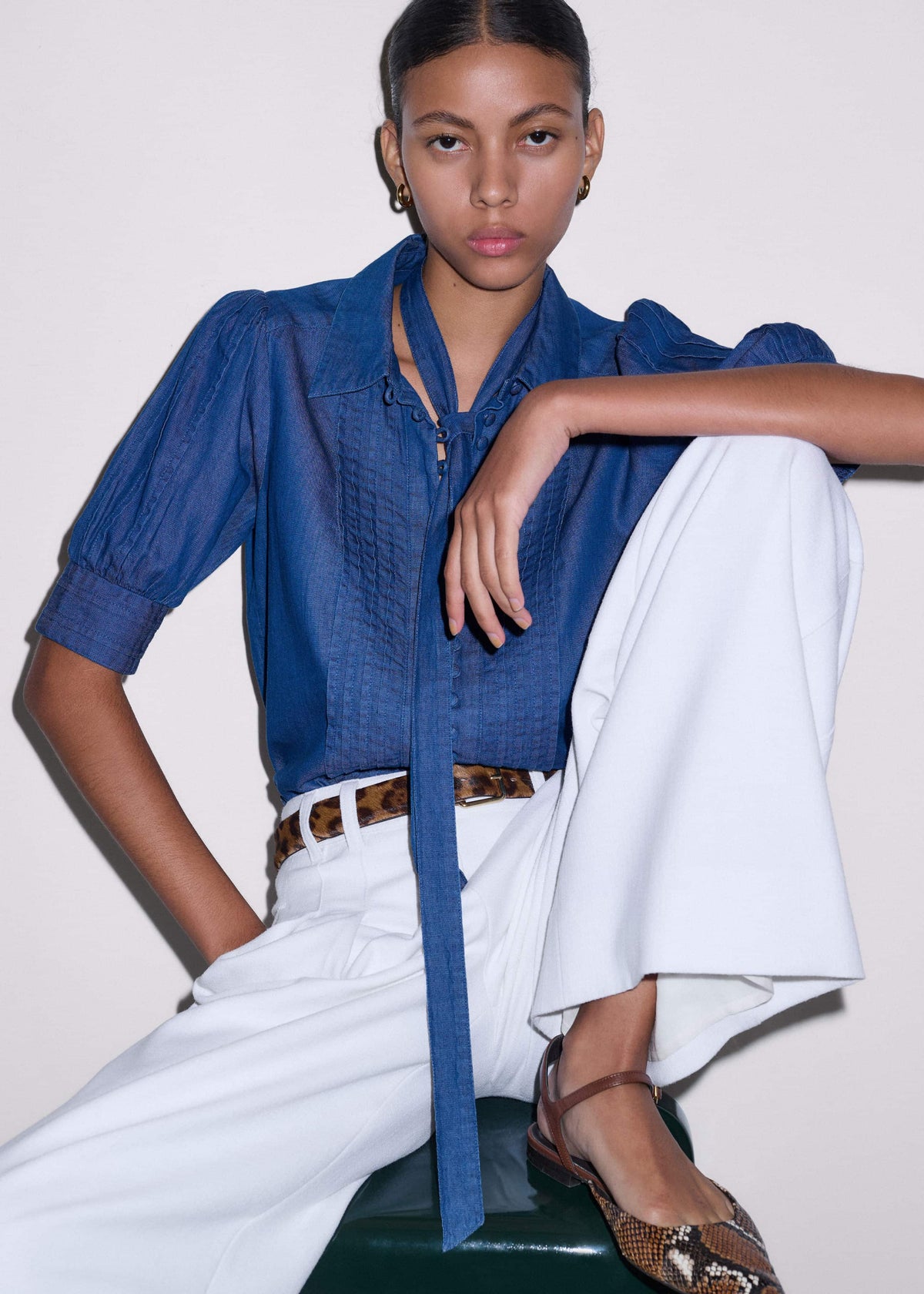 ME+EM Clothing Blue Chambray Pintucked Short Sleeve Blouse + Tie
