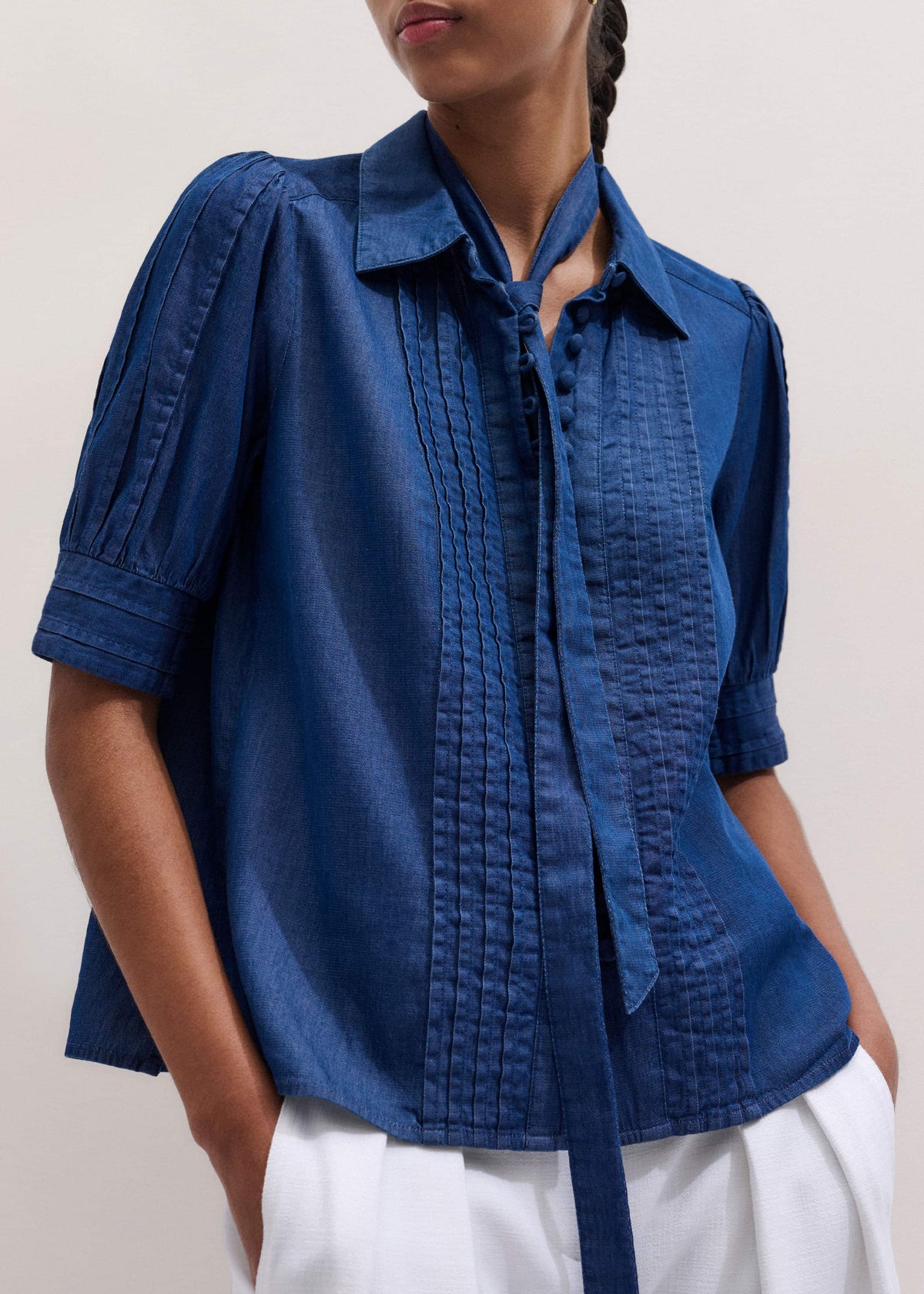 ME+EM Clothing Blue Chambray Pintucked Short Sleeve Blouse + Tie