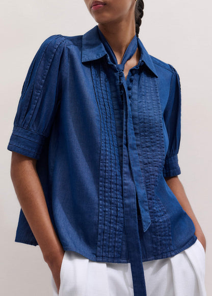 ME+EM Clothing Blue Chambray Pintucked Short Sleeve Blouse + Tie