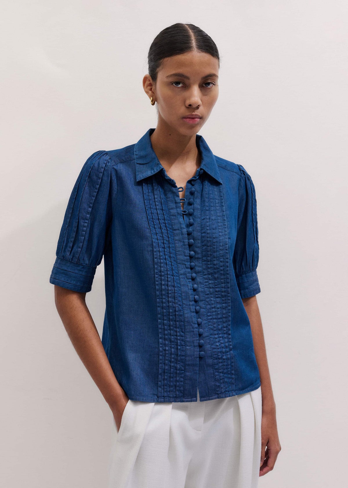 ME+EM Clothing Blue Chambray Pintucked Short Sleeve Blouse + Tie