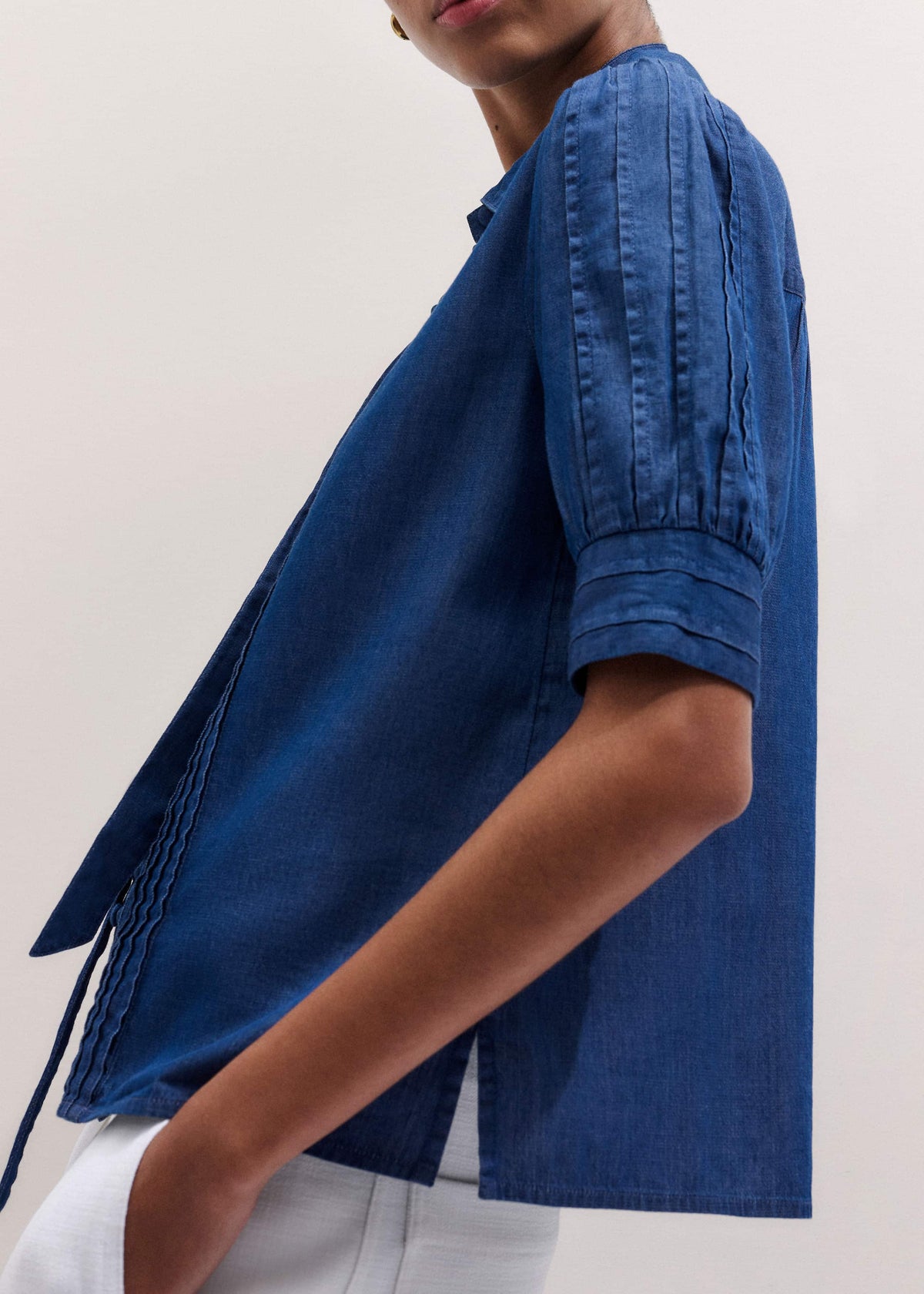 ME+EM Clothing Blue Chambray Pintucked Short Sleeve Blouse + Tie