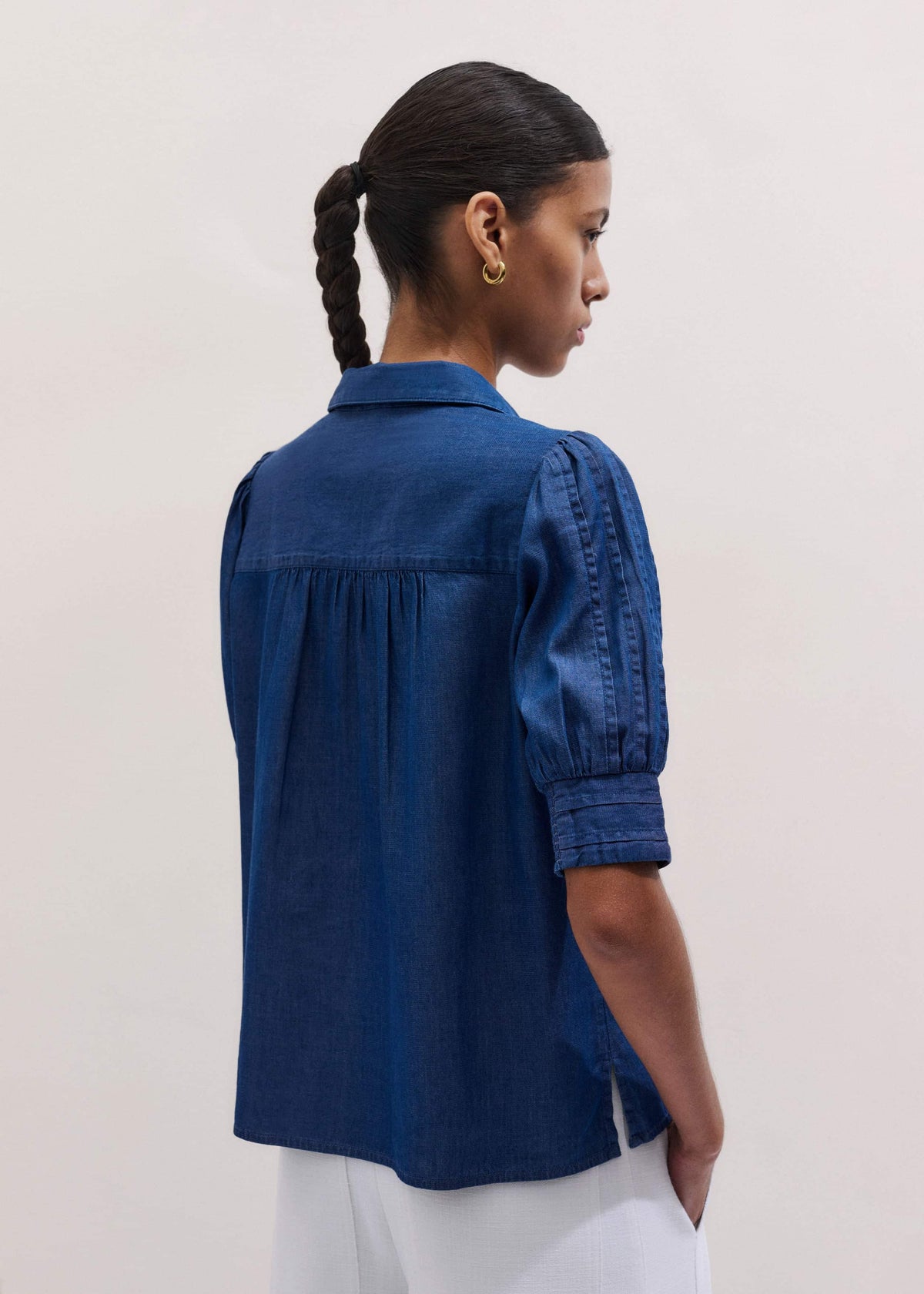 ME+EM Clothing Blue Chambray Pintucked Short Sleeve Blouse + Tie