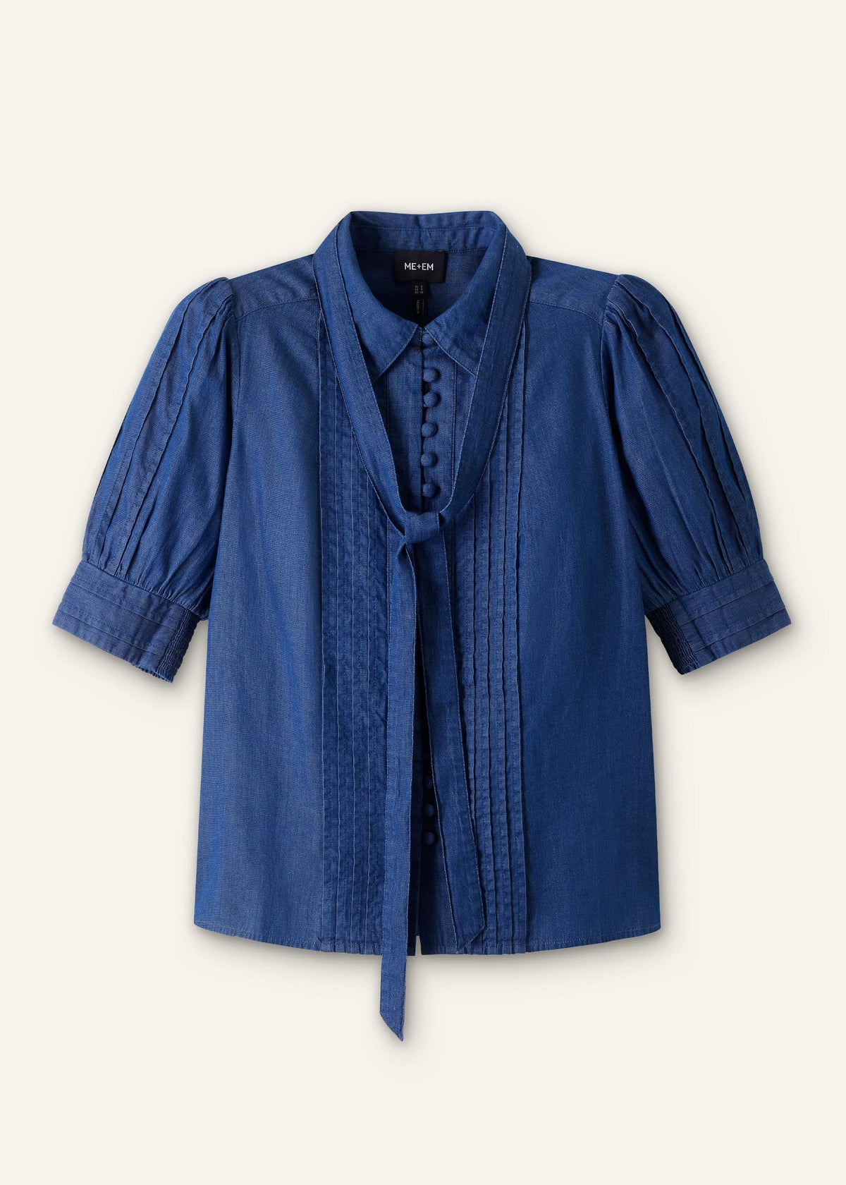 ME+EM Clothing Blue Chambray Pintucked Short Sleeve Blouse + Tie