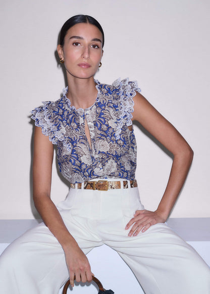 ME+EM Clothing Blue Elaborate Botanical Print Ruffle Straight Blouse