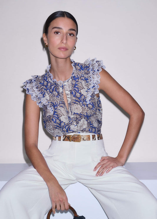 ME+EM Clothing Blue Elaborate Botanical Print Ruffle Straight Blouse