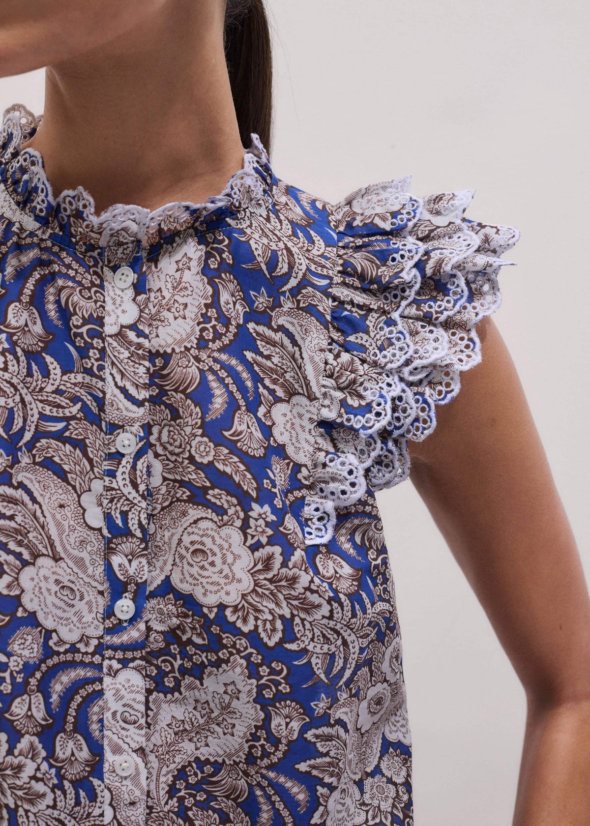 ME+EM Clothing Blue Elaborate Botanical Print Ruffle Straight Blouse