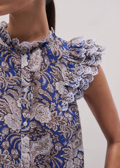 ME+EM Clothing Blue Elaborate Botanical Print Ruffle Straight Blouse