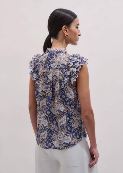 ME+EM Clothing Blue Elaborate Botanical Print Ruffle Straight Blouse