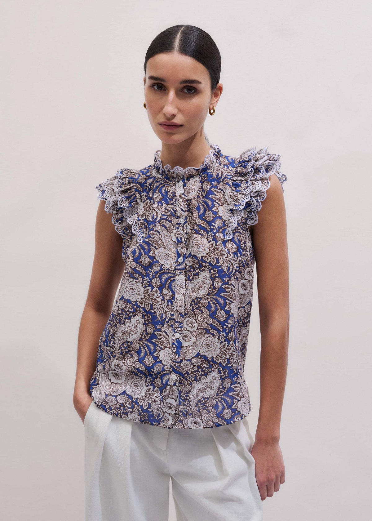 ME+EM Clothing Blue Elaborate Botanical Print Ruffle Straight Blouse