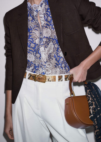 ME+EM Clothing Blue Elaborate Botanical Print Ruffle Straight Blouse